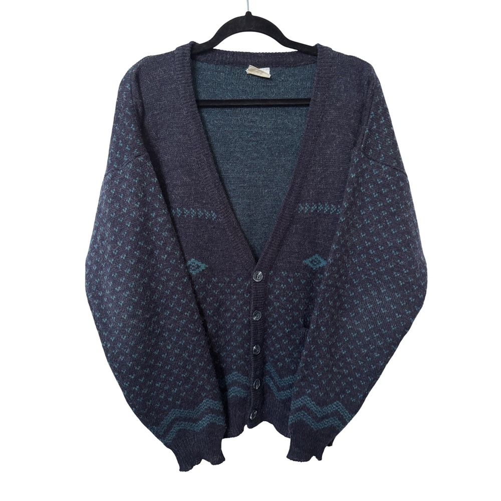 Vintage Penney Cardigan Sweater Charcoal Teal Fair Isle Wool Blend Small Mens